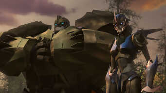 Megatron faces Autobots in an abandoned mine